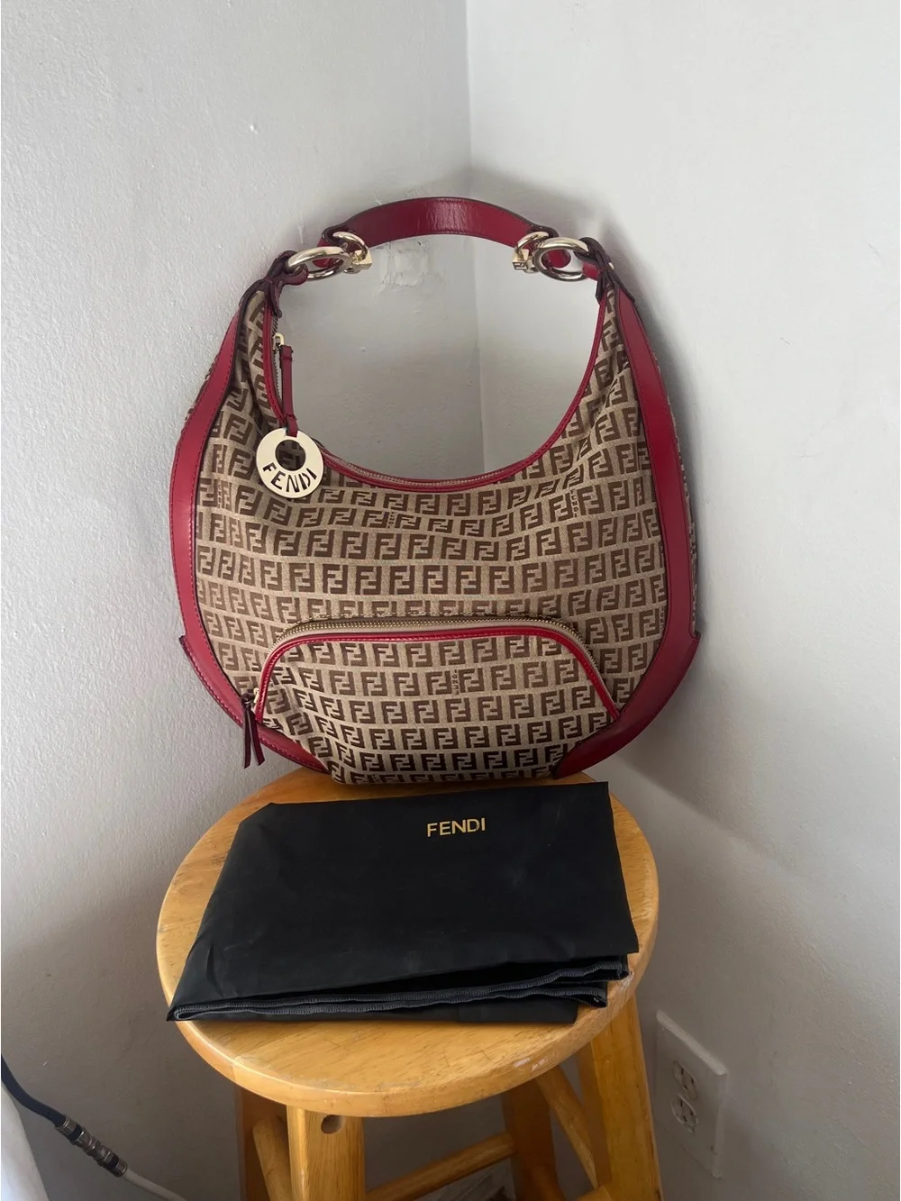 BNWOT vintage Fendi Zucchino FF Brown Monogram canvas Chef hobo bag Red Dust bag